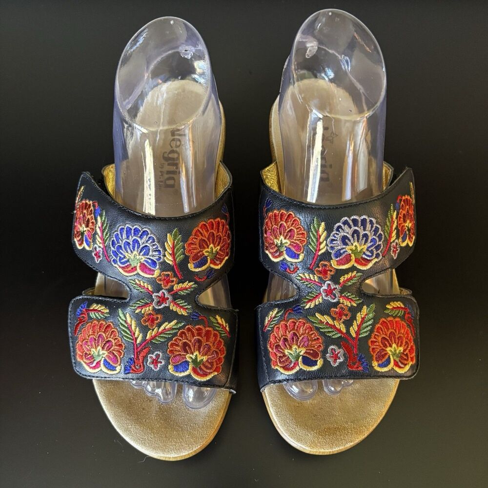 Alegria Linn Black Leather Embroidered Floral Sandals Women's Size 8 US, 38 EU - Picture 3 of 9